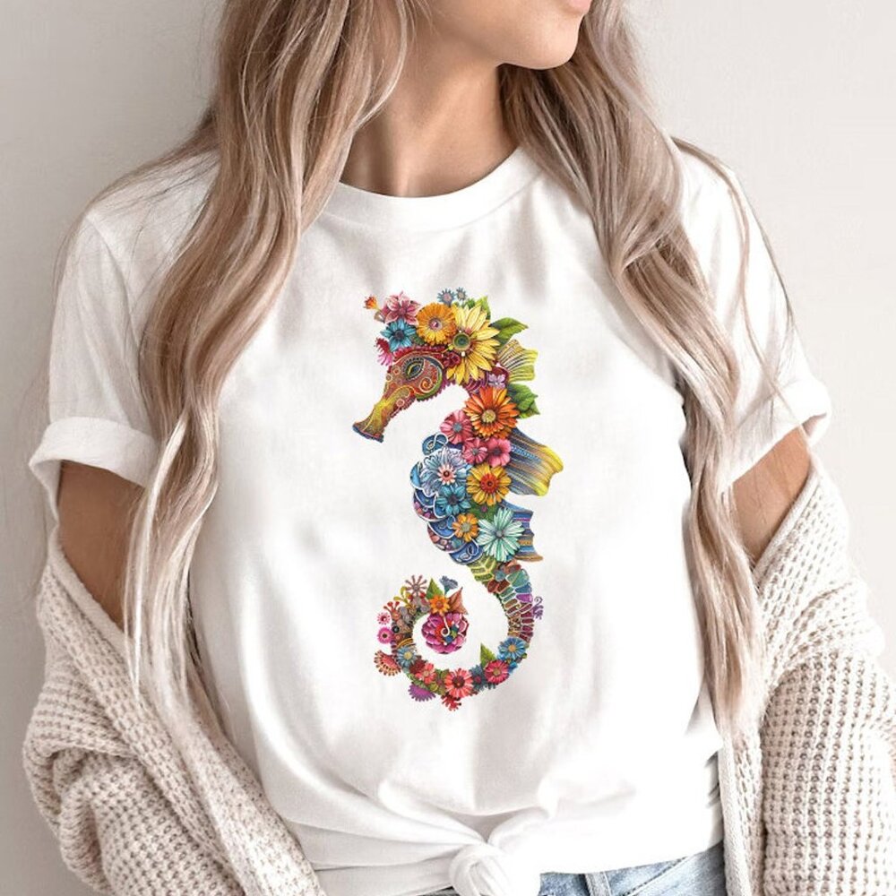 Floral Seahorse Tee, Ocean Animal Shirt